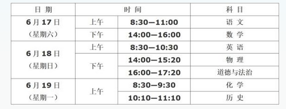 2023中考科目时间安排