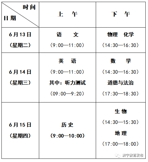 2023年初中学业水平考试科目及考试时间